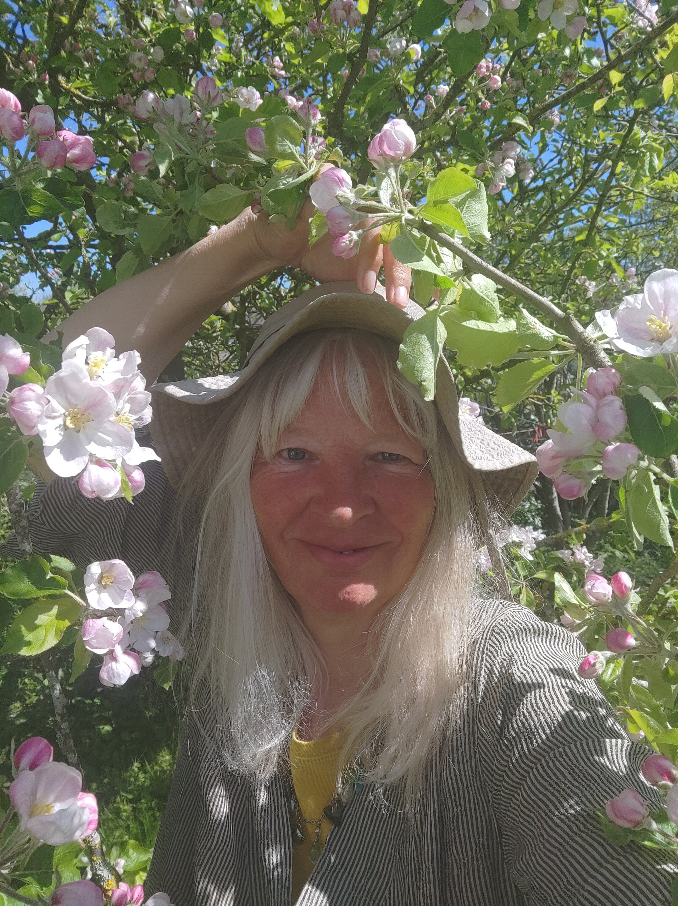 Lotte Rosenkilde med hat mellem grenene i nyudsprungne æbletræ. Urkraft Kunst
